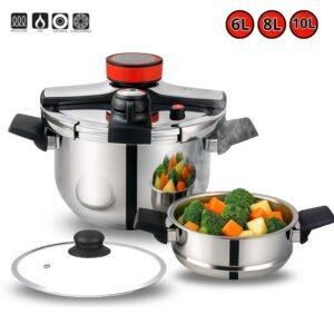 Olla a Presión de Acero Inoxidable con Cesta Vaporera y Tapa de Vidrio – Capacidades 6L, 8L y 10L – Compatible con Inducción, Eléctrica y Vitrocerámica y todo tipo de cocina – Segura, Eficiente y Fácil de Limpiar